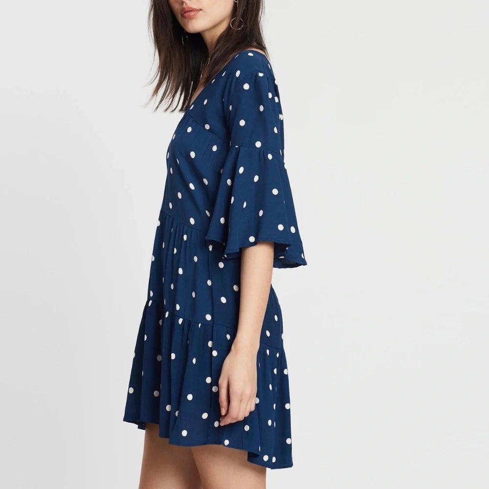 Faithfull the Brand Navy Blue Vintage Fresa White Polka Dot Dress Size 4 - Picture 2 of 12